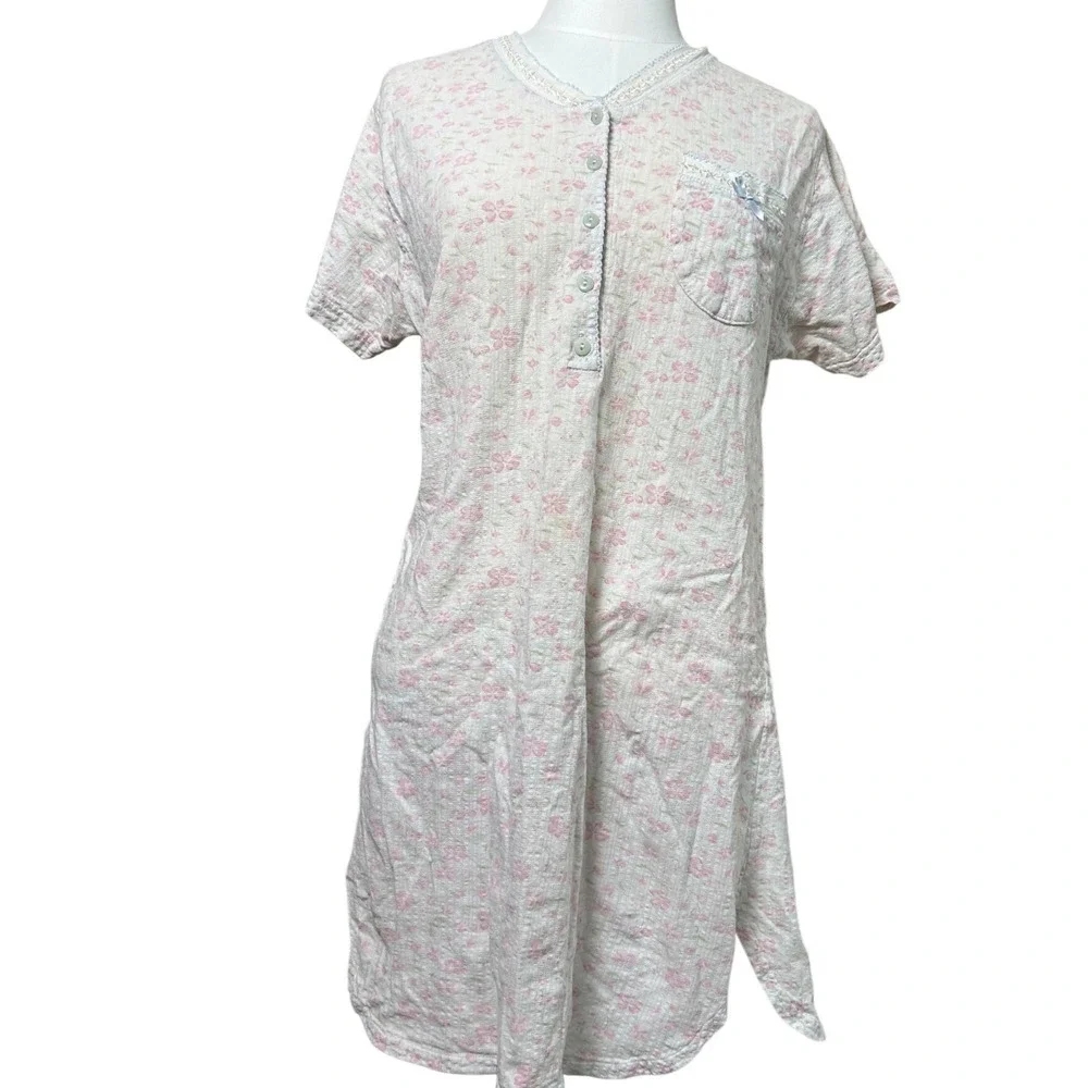 Delicates Vintage Pink Floral Pointelle Knit Nightgown Short‎ Sleeve Lace Trim S
